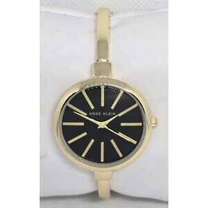 Women's Anne Klein Gold Tone Black Dial AK/1470G PC21J Bangle Bracelet Watch 09